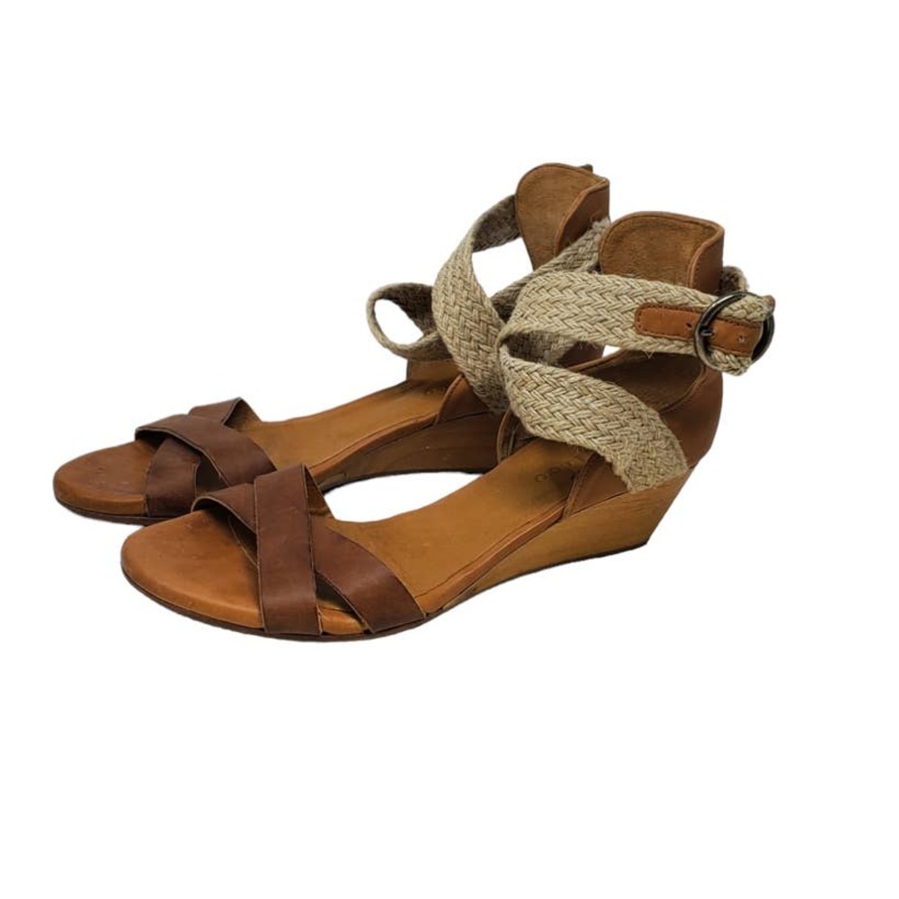 Cocolico 37.5 Wedge Sandal Brown Leather Woven Ankle Strap Comfort Coastal